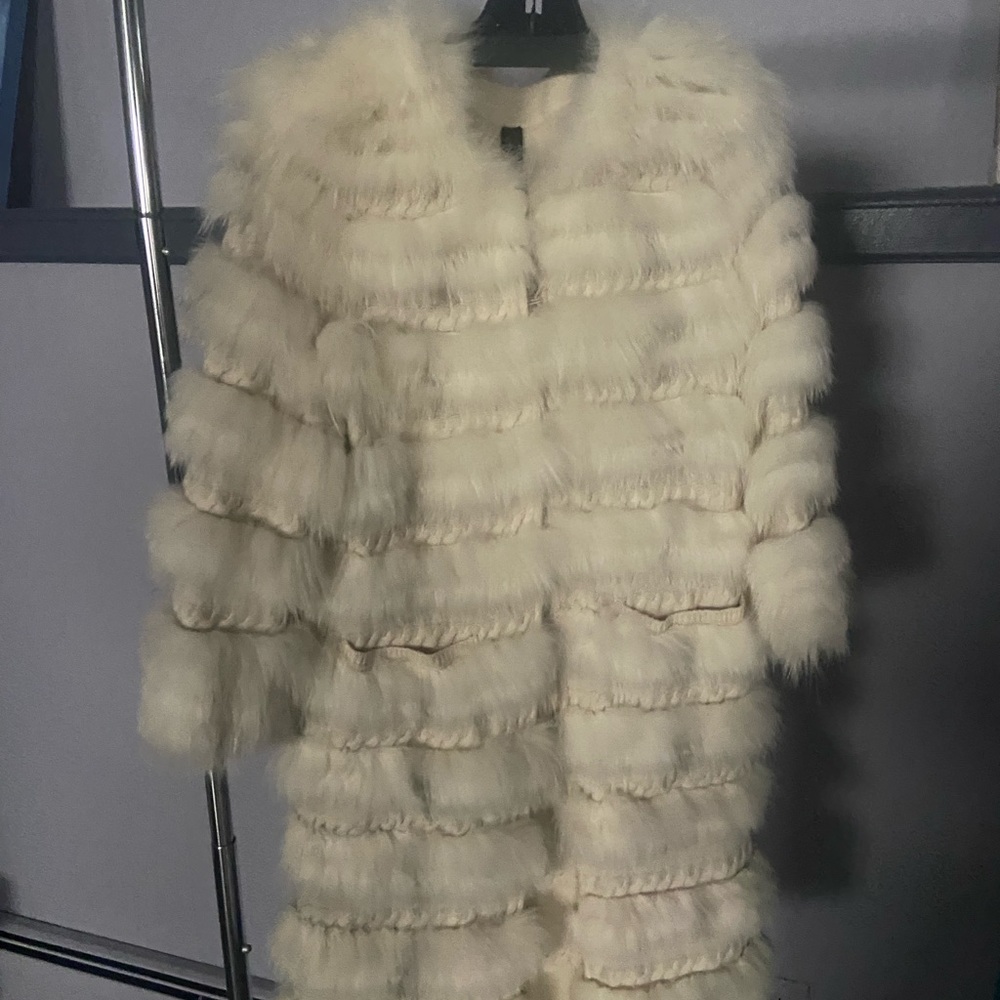 cashmere jacket with a real fox! base cashmere 100% , white and grey colours, S